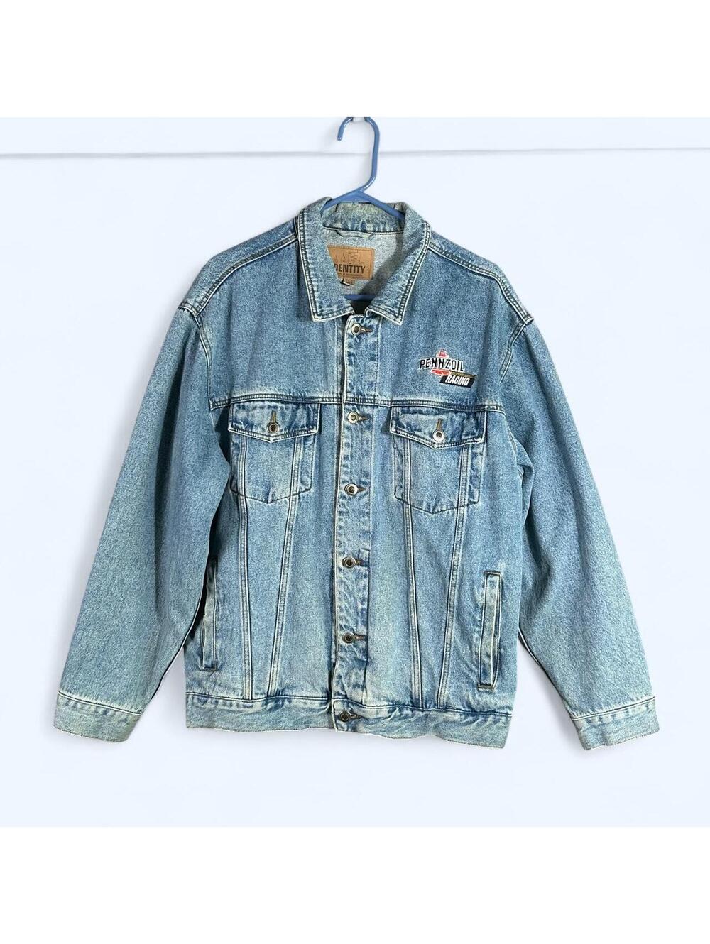 Identity Vintage 90s Pennzoil Racing Denim Jacket Large Blue Trucker Utility